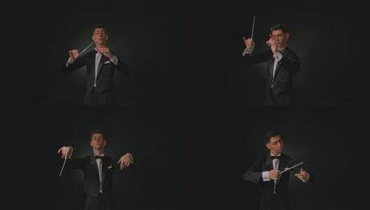 身穿西装的管弦乐团团长使用指挥棒与音乐家高清在线视频素材下载