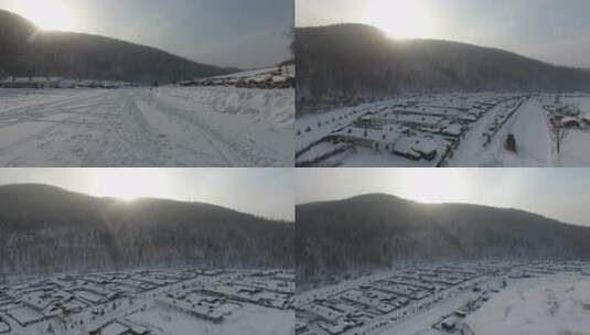 4K航拍东北威虎山雪乡村冰雪旅游马拉爬犁高清在线视频素材下载