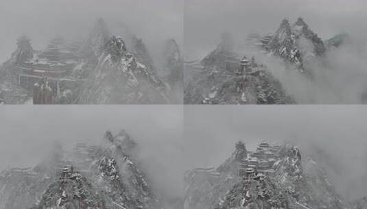 3倍渐远航拍老君山主峰道观群翻山雪云海高清在线视频素材下载