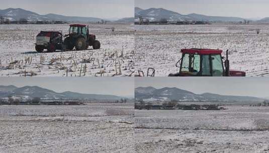 雪地里的打捆机航拍高清在线视频素材下载