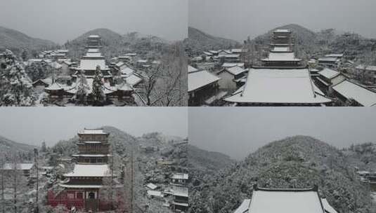 航拍杭州径山寺中式古建筑寺庙山顶森林雪景高清在线视频素材下载