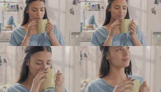 女性居家手持杯子饮用高清在线视频素材下载