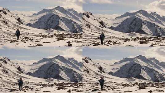 攀登岷山山脉雪宝顶雪山的登山者徒步进山高清在线视频素材下载