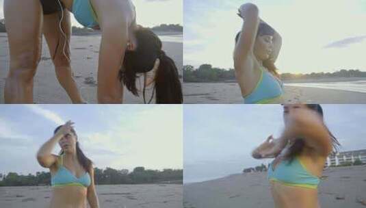 在海边做运动的女人高清在线视频素材下载