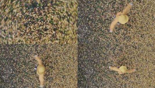 航拍4K秋天落满银杏叶的地面上女子在旋转高清在线视频素材下载