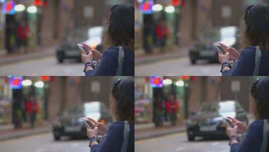 汽车在玩手机的女士面前经过高清在线视频素材下载