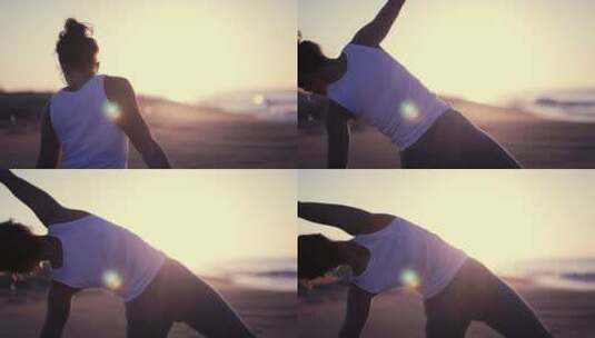 女人在海滩上做瑜伽运动高清在线视频素材下载