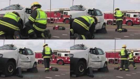 消防员练习应对车祸事故高清在线视频素材下载