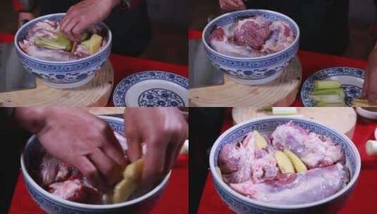 【镜头合集】葱姜料酒腌制猪肉去腥高清在线视频素材下载
