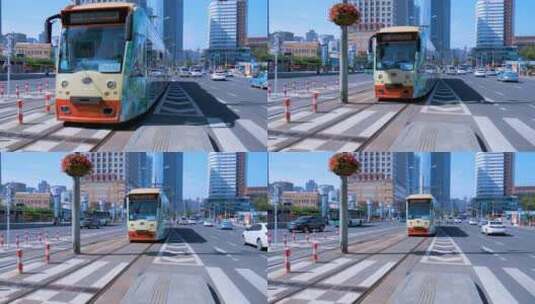 大连城市中心正在行驶的公交车高清在线视频素材下载