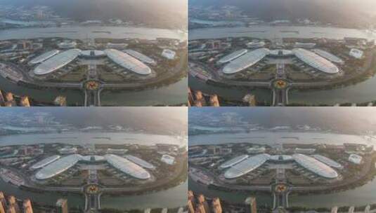 福建省福州市海峡国际会展中心日出航拍高清在线视频素材下载