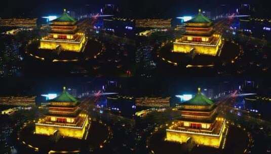 陕西西安钟楼夜景航拍高清在线视频素材下载