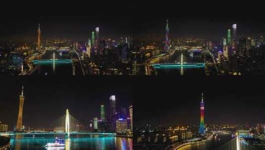 4K航拍广州地标城市群夜景集合高清在线视频素材下载