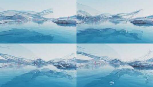 蓝色湖面与流动的透明布料3D渲染高清在线视频素材下载