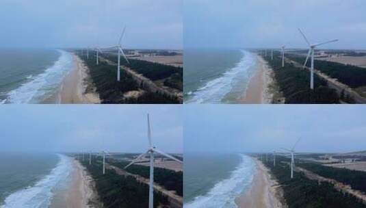 海南省文昌市木兰湾航拍风景与海边风车高清在线视频素材下载