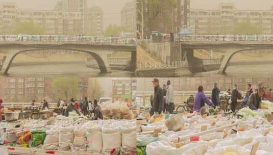 沙尘浮沉扬沙大风春季东北早市菜市场高清在线视频素材下载