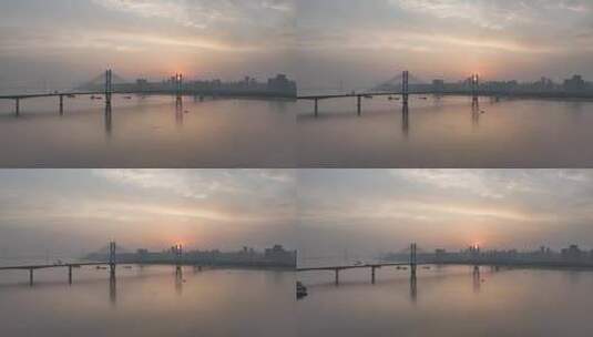 武汉长江二桥清晨航拍高清在线视频素材下载
