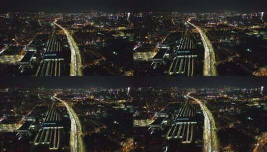 云南昆明火车站交通夜景航拍高清在线视频素材下载