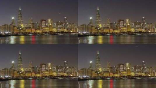 芝加哥城市景观的夜间延时。飞机可见。高清在线视频素材下载