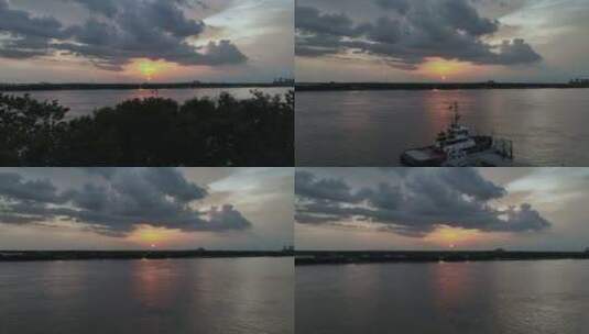 密西西比河、拖船和日落的鸟瞰图高清在线视频素材下载