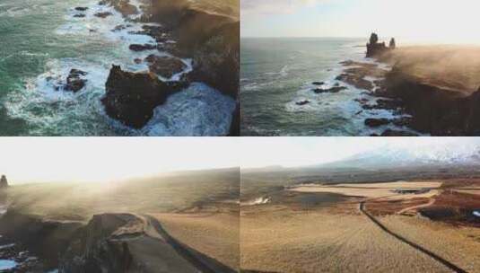 冰岛海蚀柱群日落美景 海鸥 悬崖高清在线视频素材下载