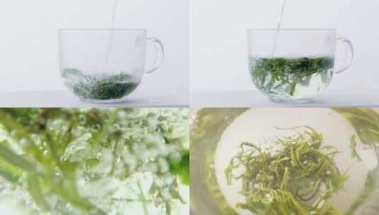 玻璃茶杯冲泡绿茶过程 多角度组镜高清在线视频素材下载