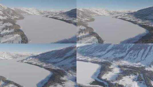 无人机航拍大气冬日雪景山川河流高清在线视频素材下载