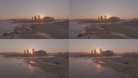 多镜头航拍海边城市建筑剪影建设发展施工高清在线视频素材下载