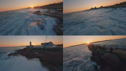 fpv航拍海边灯塔海浪日出高清在线视频素材下载