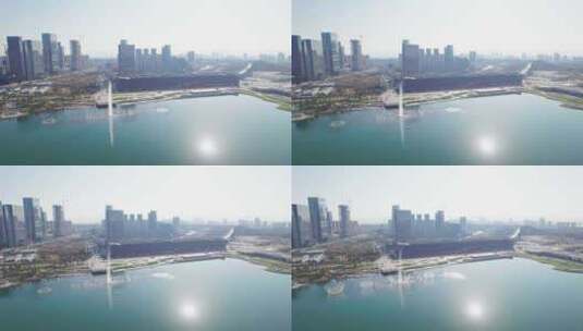 成都天府国际会议中心秦皇湖喷泉秀航拍实时高清在线视频素材下载
