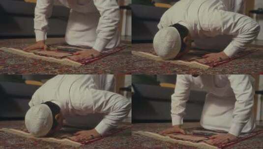宗教穆斯林男子在家中的祈祷地毯上多次跪拜高清在线视频素材下载