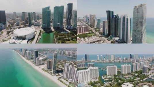 航拍迈阿密市中心地标建筑摩天大楼大海海湾高清在线视频素材下载