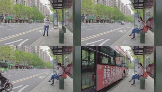 美女公交站台等公交车延时摄影高清在线视频素材下载