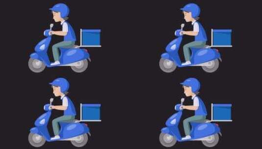送货员骑着滑板车和蓝色制服送货箱的动画。高清在线视频素材下载
