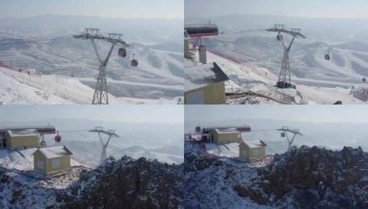 内蒙古呼和浩特马鬃山滑雪场缆车雪景航拍高清在线视频素材下载