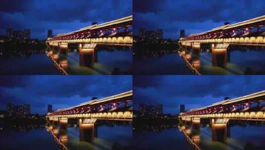 航拍湖南衡阳东洲岛景区过江廊桥夜景航拍高清在线视频素材下载
