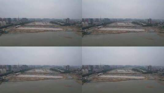 城市河流防洪堤坝修建施工航拍河南高清在线视频素材下载