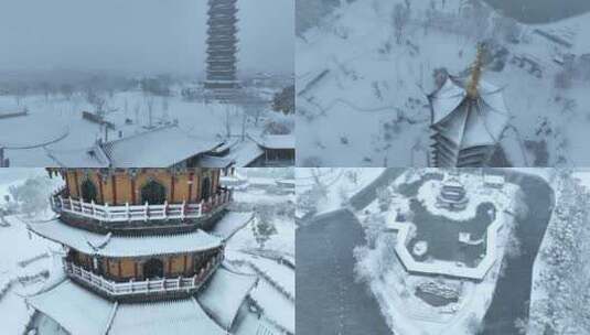 句容葛仙湖公园大圣塔雪景高清在线视频素材下载