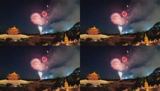 古建筑上空绽放的烟花夜景高清在线视频素材下载