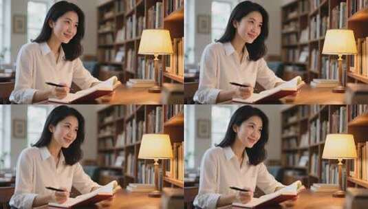 女子在图书馆看书做笔记高清在线视频素材下载