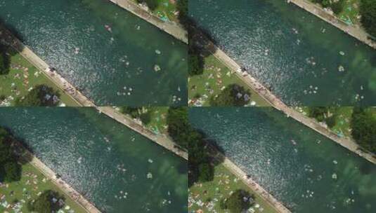 一条阳光明媚的河流的鸟瞰图高清在线视频素材下载