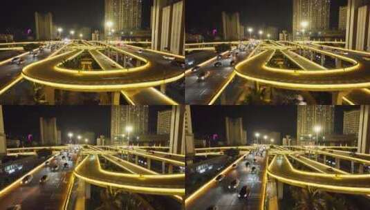 航拍城市里高架立交桥夜景高清在线视频素材下载