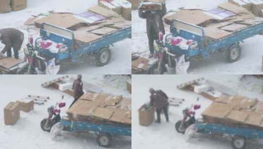 东北大雪天雪花纷飞收废品破烂的老人高清在线视频素材下载