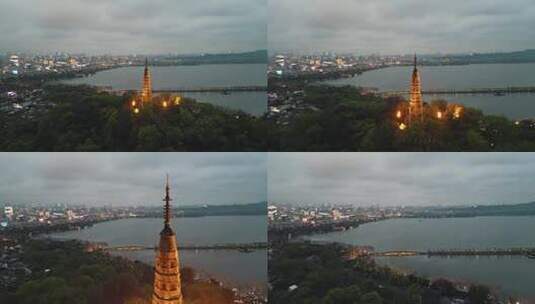 杭州西湖保俶塔俯瞰城市夜景高清在线视频素材下载