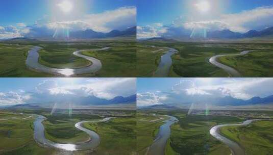 西藏辽阔草原弯曲河流大气自然风光航拍高清在线视频素材下载