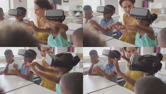 女老师和学生戴着虚拟现实耳机高清在线视频素材下载