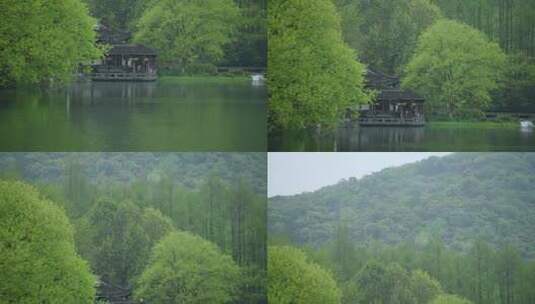 春天杭州乌龟潭阴雨天古建筑植物绿色自然高清在线视频素材下载