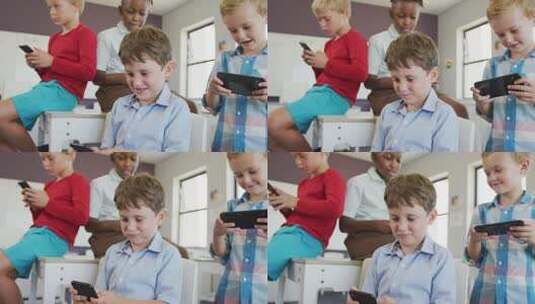 不同男孩坐在学校课桌前用智能手机玩游戏的视频高清在线视频素材下载