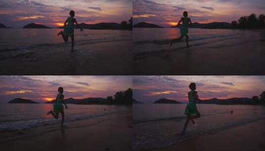 女孩在日落海滩边奔跑高清在线视频素材下载