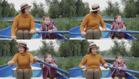 一对母子在划船高清在线视频素材下载